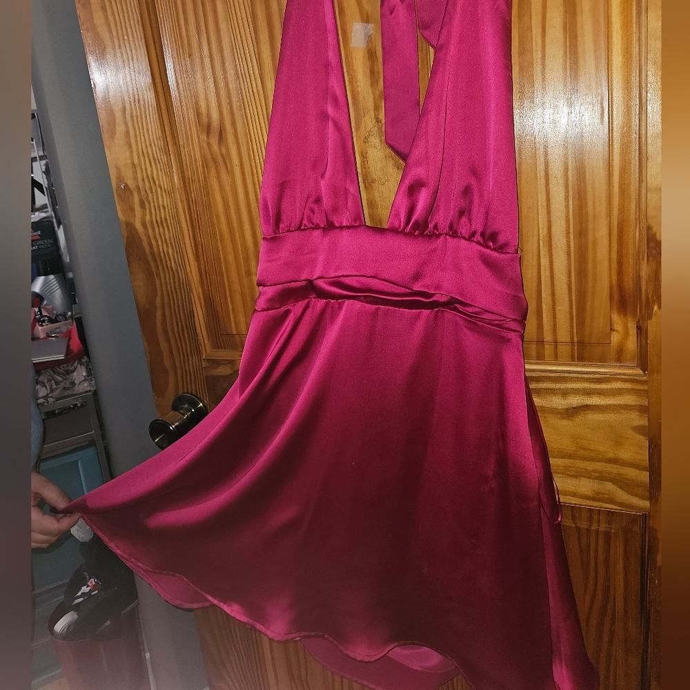 Hot pink Garage Satin Plunge Halter Dress Backless Sz L - Picture 2 of 4